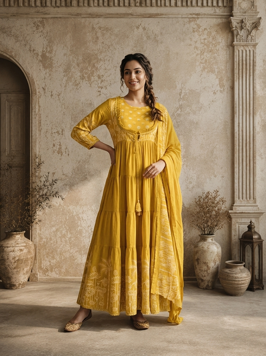 Mustard Yellow Cotton Palm Tree With Lotus Printed Three Piece Set