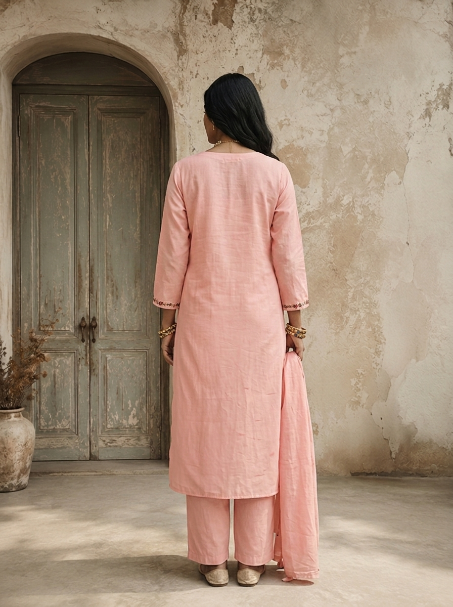 Baby Pink Silk Asymmetric Floral Boota Embroidered Three Piece Set