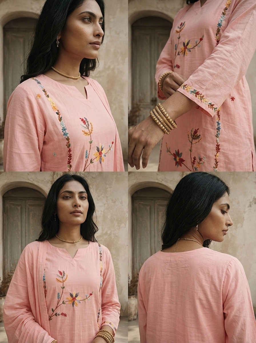 Baby Pink Silk Asymmetric Floral Boota Embroidered Three Piece Set