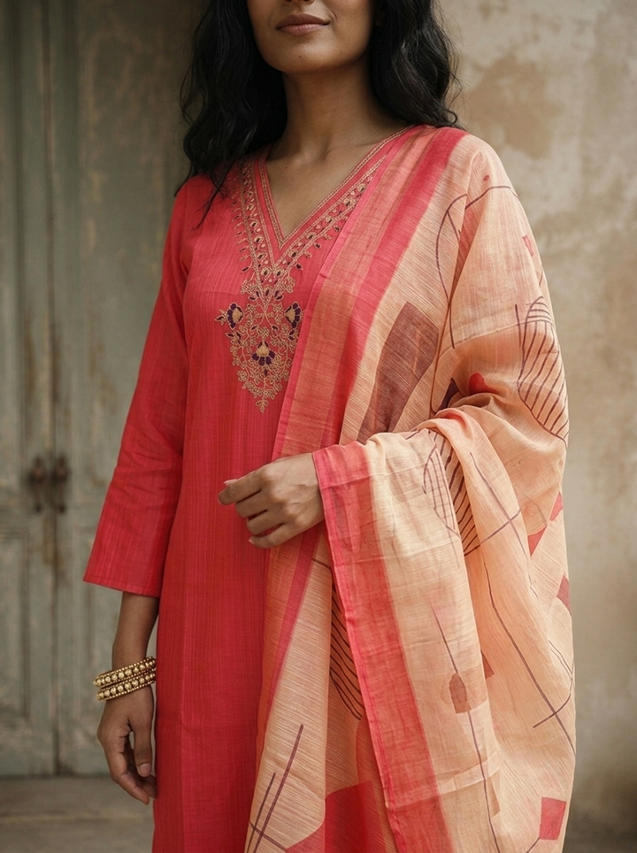Rose Pink Satin Zari Stripes Embroidered Three Piece Set