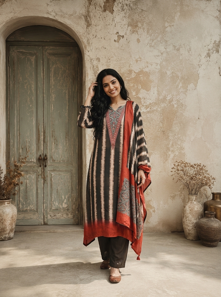 Black Rayon Vertical Shibori Tie-Dye Stripes Printed Three Piece Set