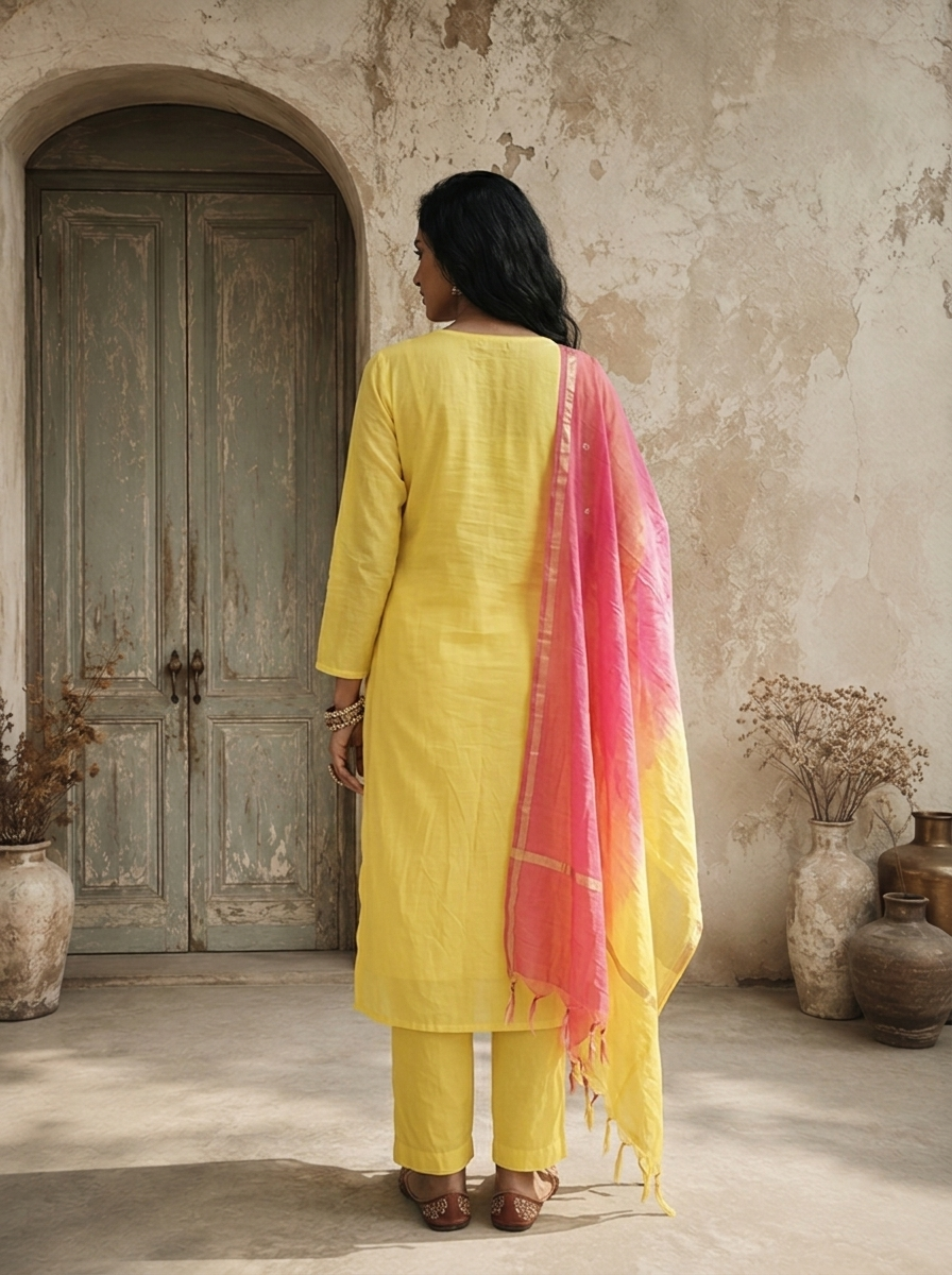 Yellow Chanderi Floral Zardozi Embroidered Three Piece Set