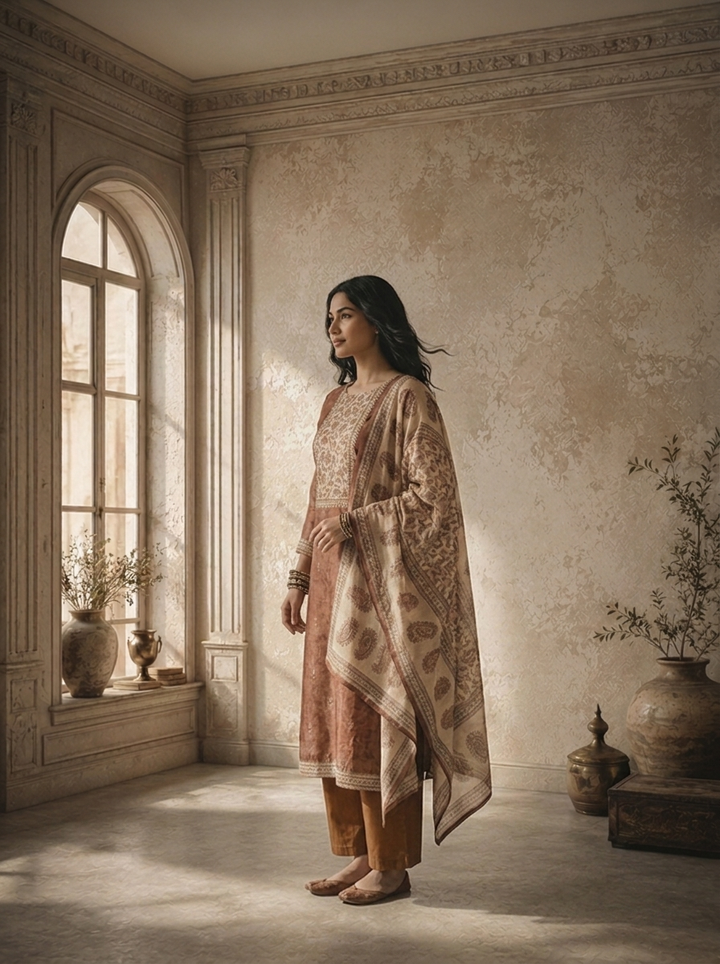 Brown Chanderi Floral Jaal Texture Printed Three Piece Set