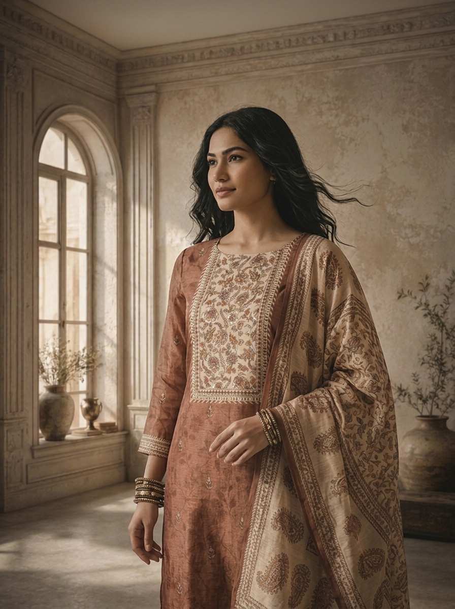 Brown Chanderi Floral Jaal Texture Printed Three Piece Set