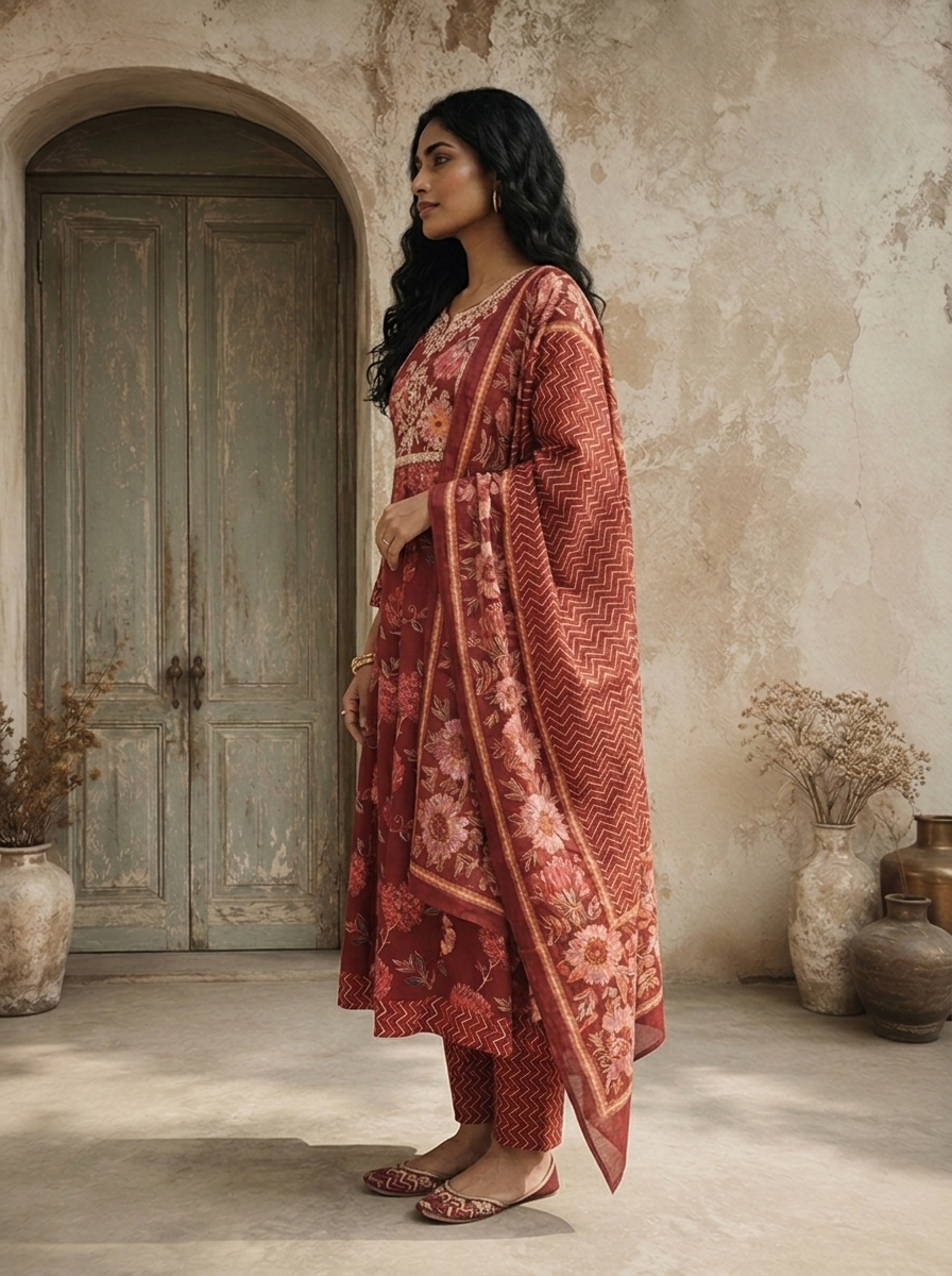 Burgundy Rayon Sunflower Floral Printed Three Piece Set