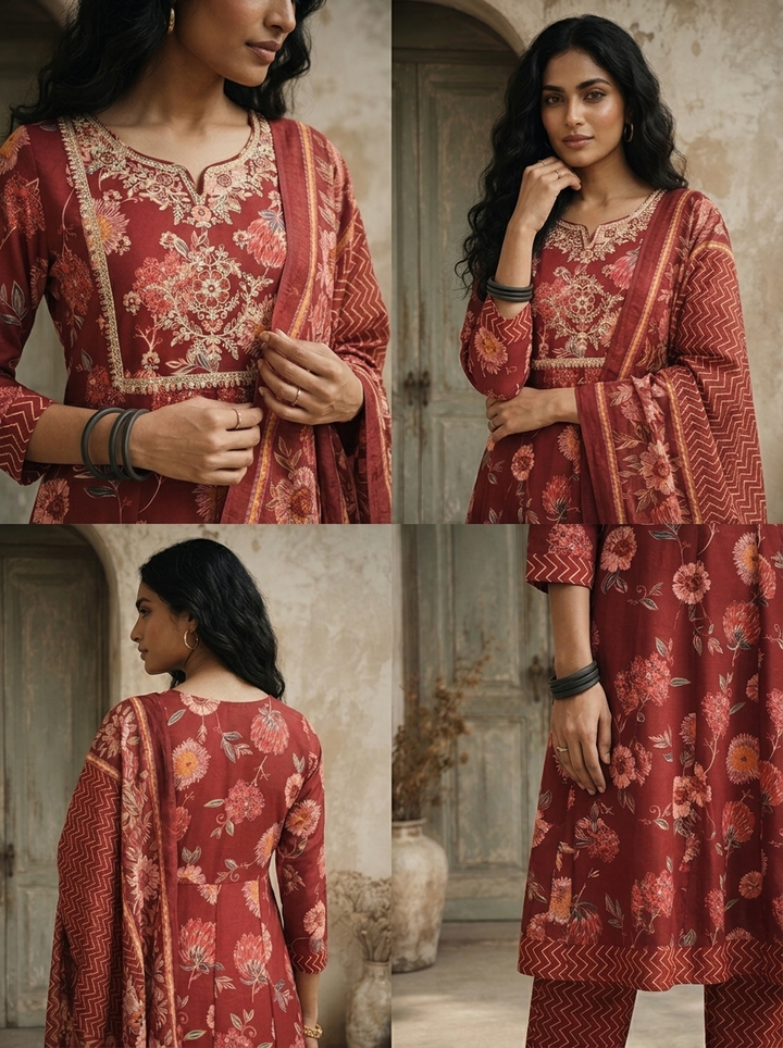 Burgundy Rayon Sunflower Floral Printed Three Piece Set