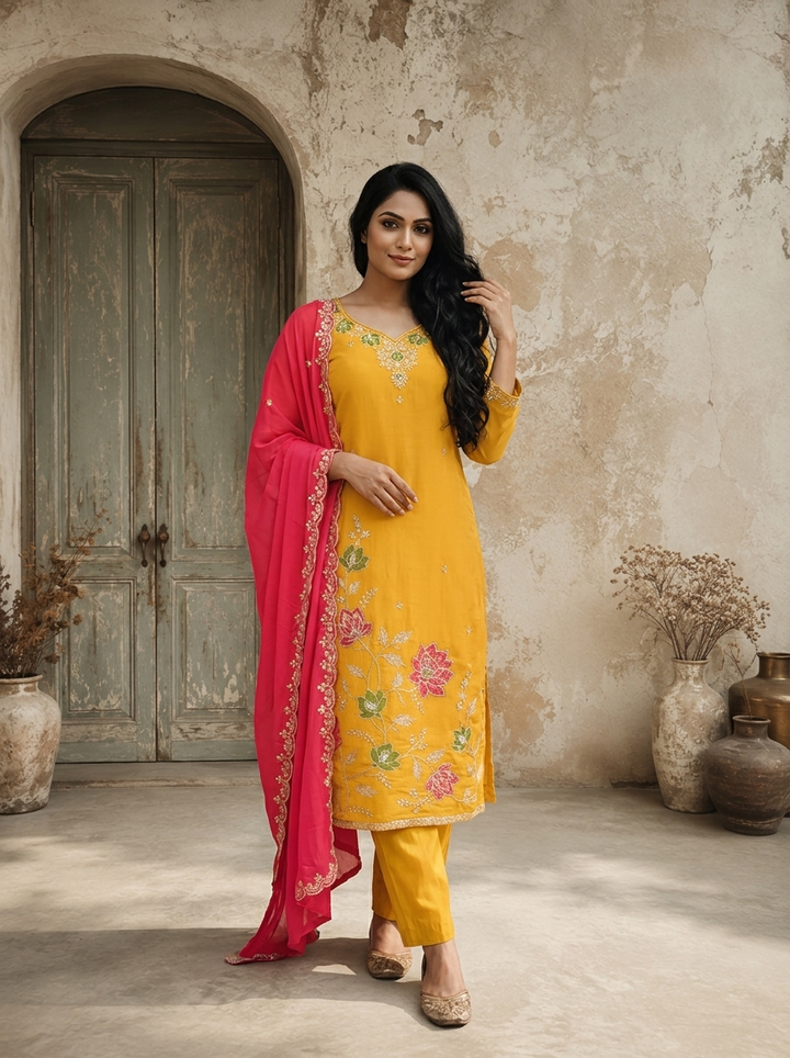Mustard Chanderi Lotus Jaal Embroidered Three Piece Set