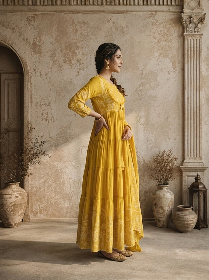 Mustard Yellow Cotton Palm Tree With Lotus Printed Three Piece Set