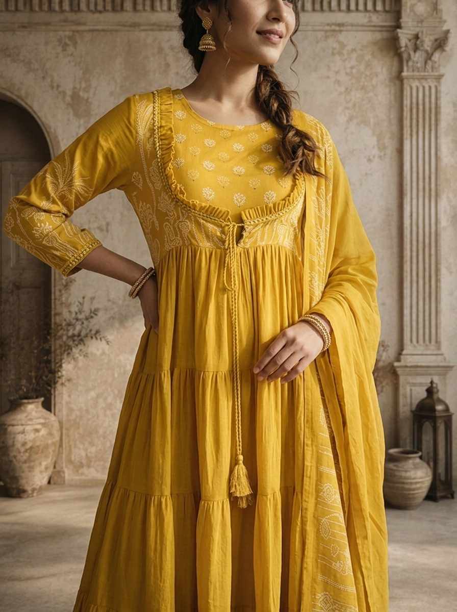 Mustard Yellow Cotton Palm Tree With Lotus Printed Three Piece Set