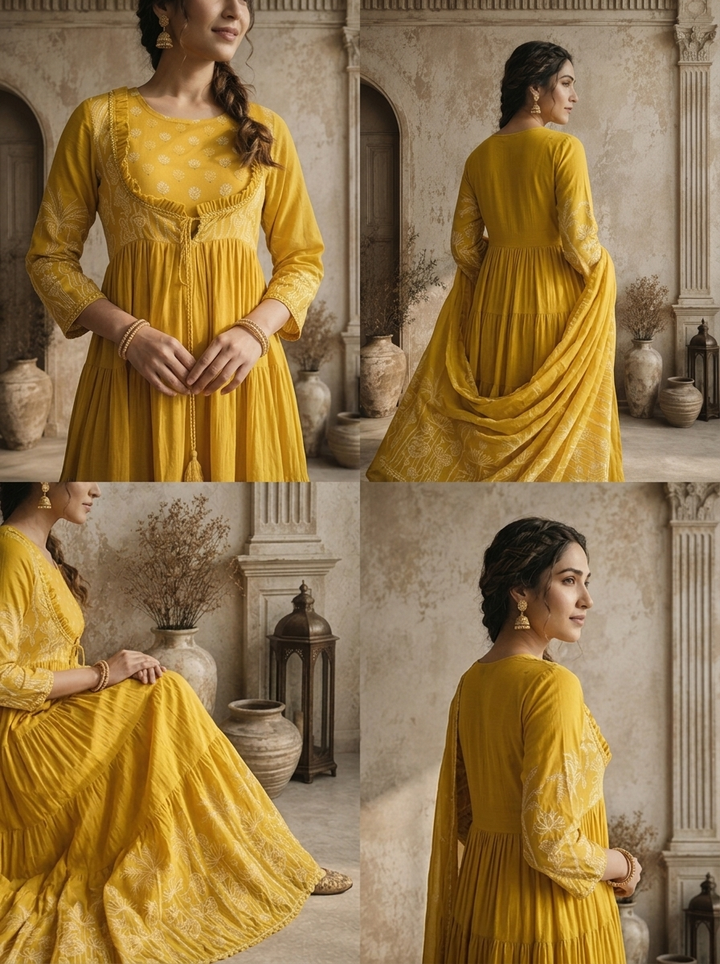 Mustard Yellow Cotton Palm Tree With Lotus Printed Three Piece Set
