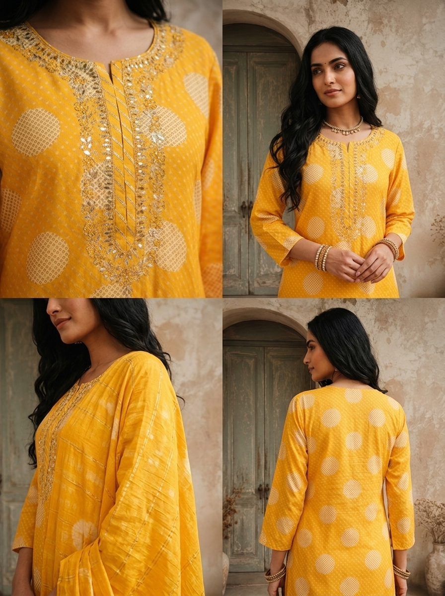 Mustard Silk Zigzag With Polka Dot Printed Three Piece Set