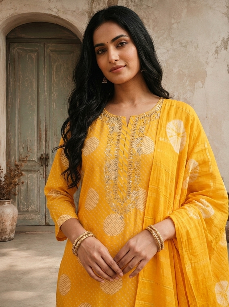 Mustard Silk Zigzag With Polka Dot Printed Three Piece Set