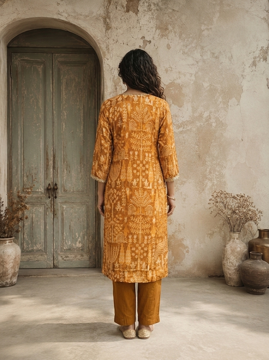 Gold Crepe Palm Tree Printed Three Piece Set