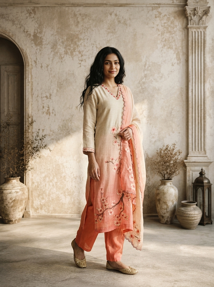 Peach Chanderi Ombre Sakura Floral Jaal Embroidered Three Piece Set