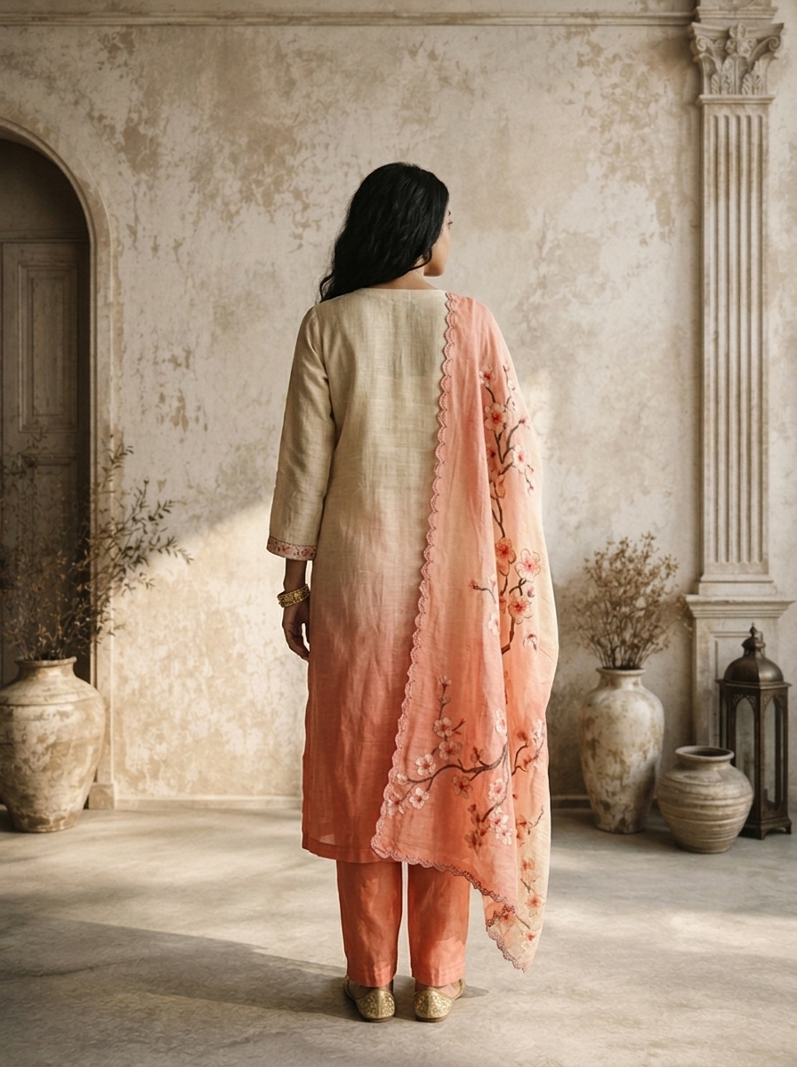 Peach Chanderi Ombre Sakura Floral Jaal Embroidered Three Piece Set