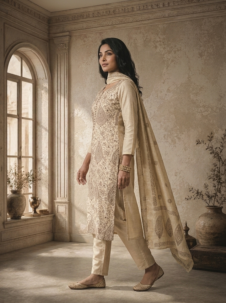 Cream Chanderi Keri Jaal Thread Embroidered Three Piece Set