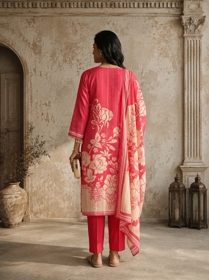 Pink Muslin Rose Floral Printed Three Piece Set