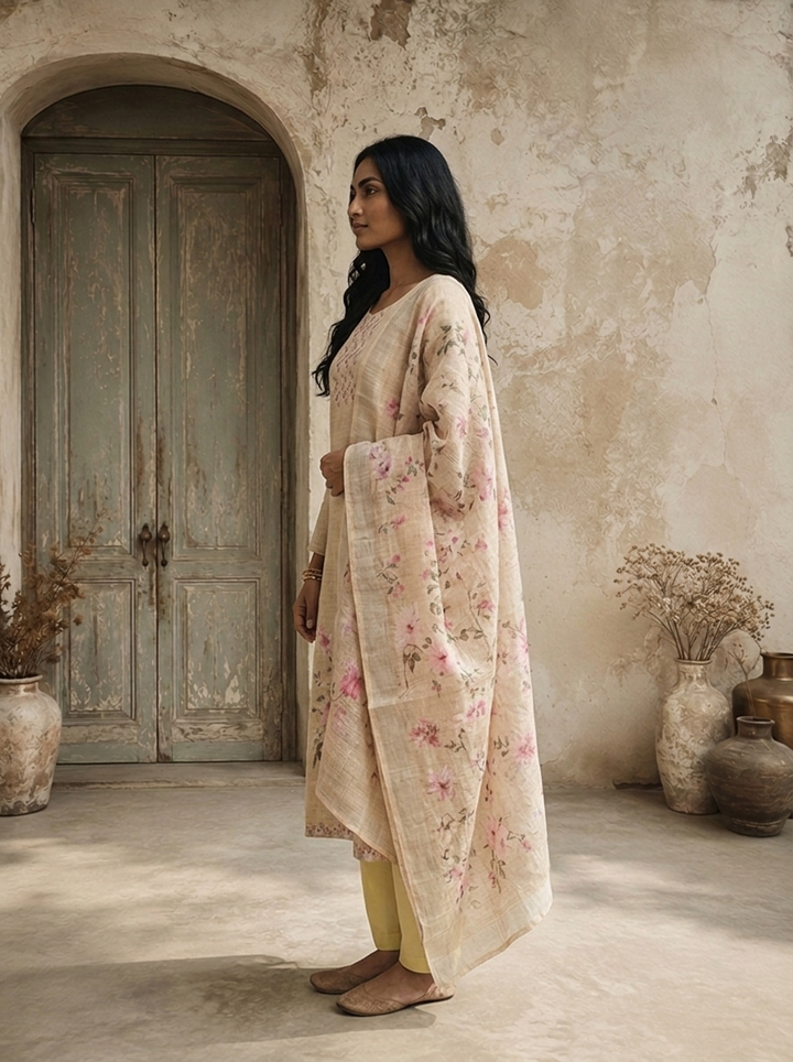 Cream Linen Garden Floral Printed Three Piece Set