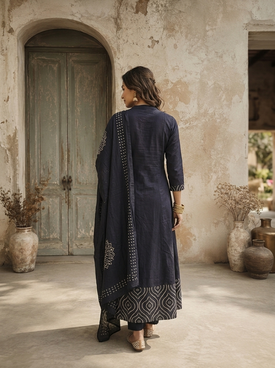 Navy Blue Cotton Mandala Printed Three Piece Set