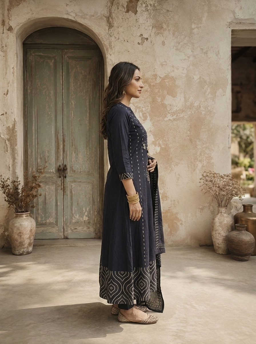 Navy Blue Cotton Mandala Printed Three Piece Set