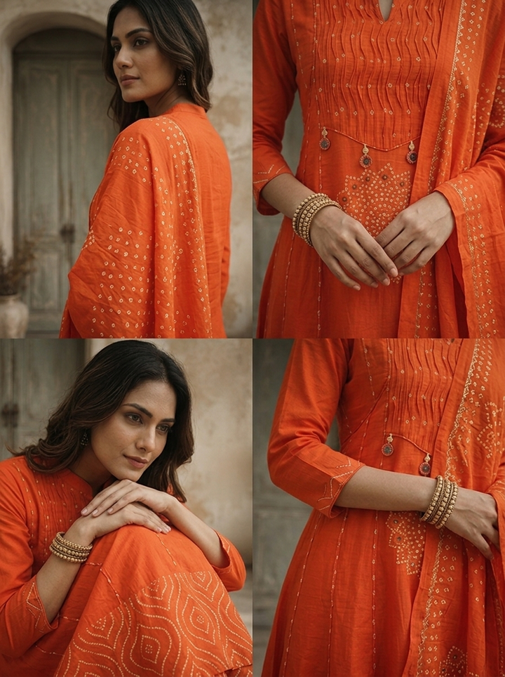 Burnt Orange Cotton Mandala Printed Three Piece Set