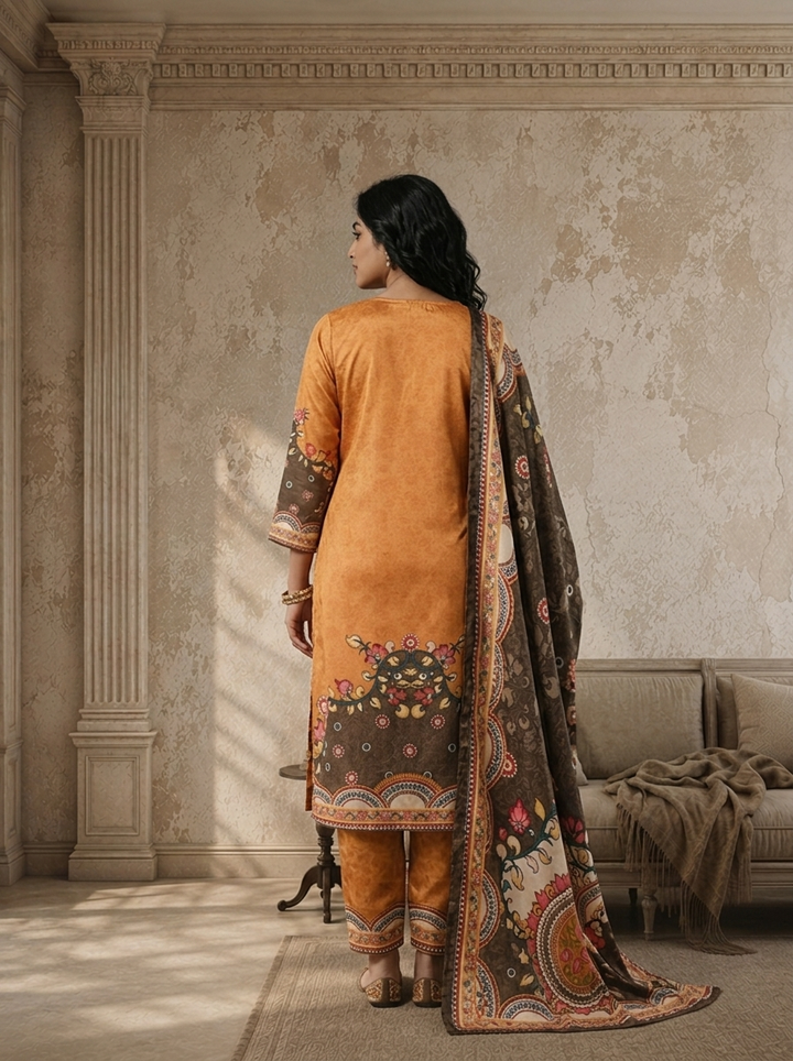 Mustard Orange Crepe Damask Jaal Printed Three Piece Set