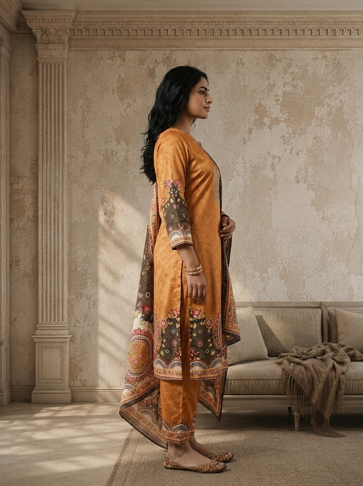 Mustard Orange Crepe Damask Jaal Printed Three Piece Set
