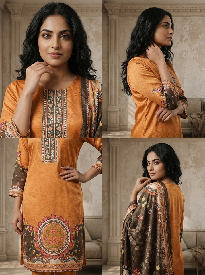 Mustard Orange Crepe Damask Jaal Printed Three Piece Set