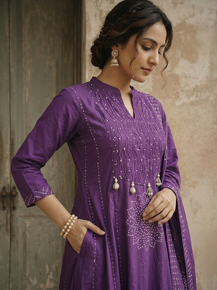 Purple Cotton Mandala Printed Three Piece Set