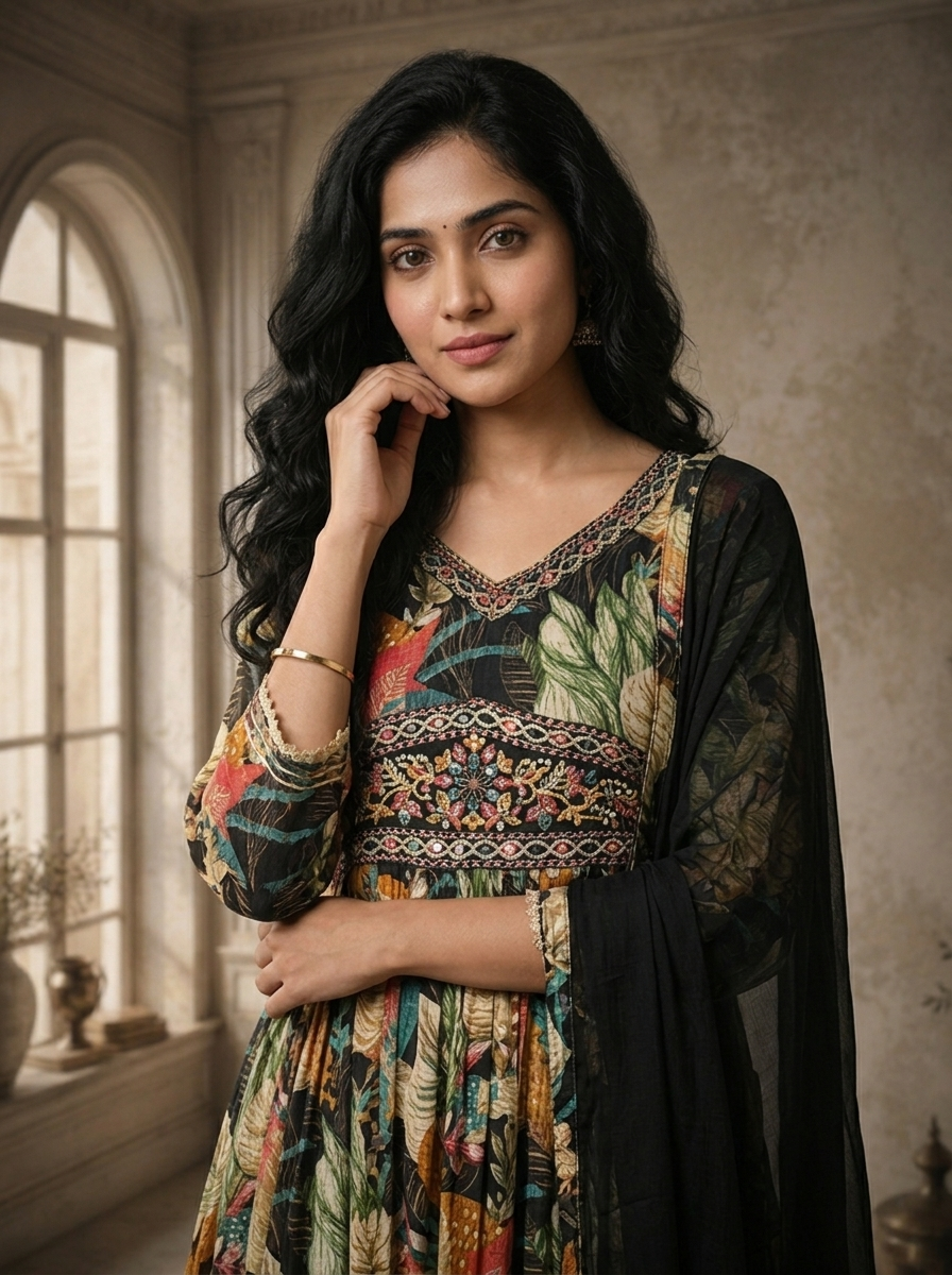 Black Rayon Tropical Monstera Leaf Printed Three Piece Set