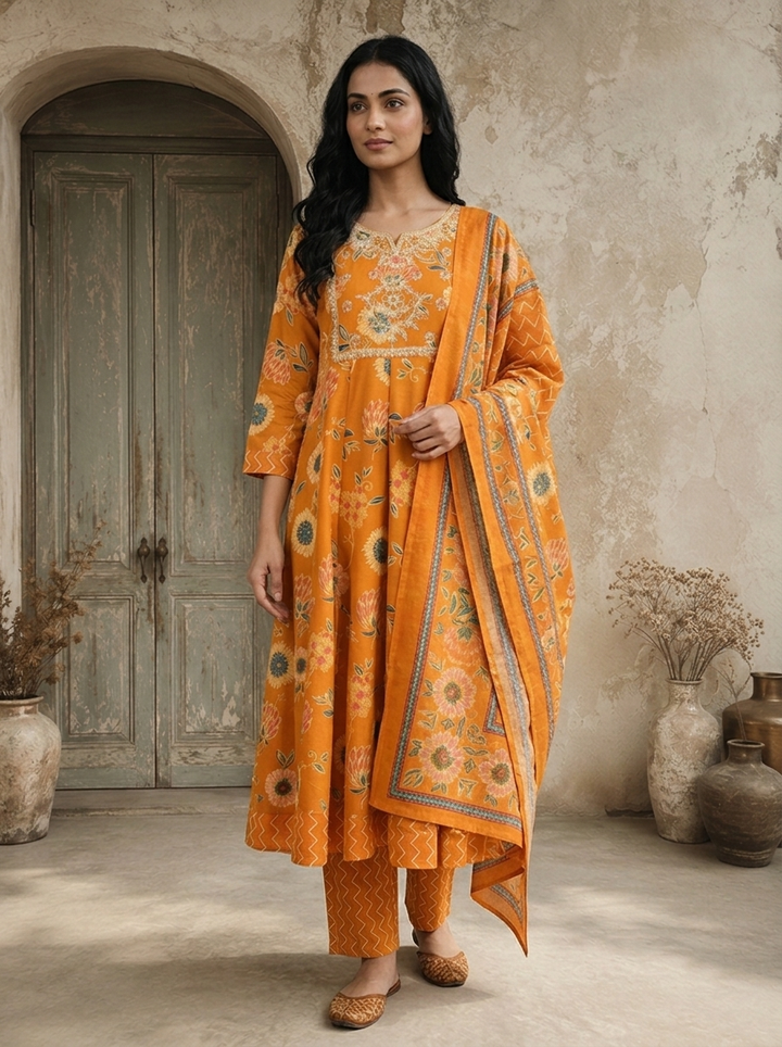 Mustard Rayon Sunflower Floral Printed Three Piece Set