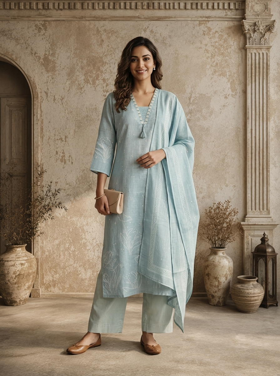 Mint Linen Floral Discharge Printed Three Piece Set