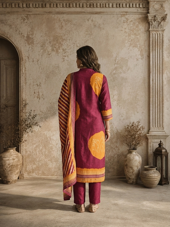 Wine Muslin Circular Shibori Printed Three Piece Set
