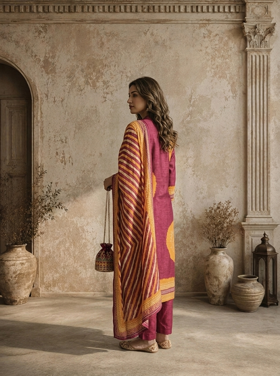 Wine Muslin Circular Shibori Printed Three Piece Set
