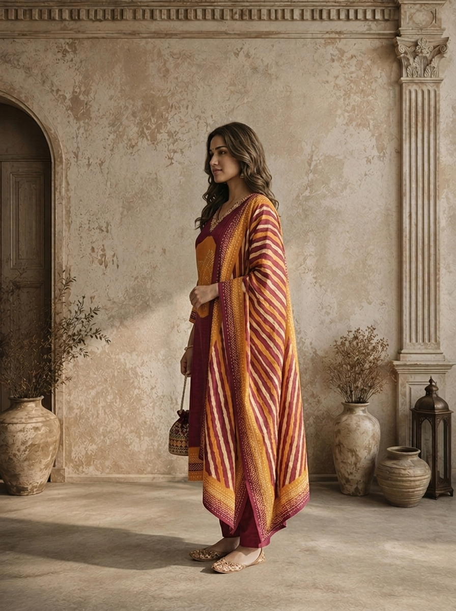 Wine Muslin Circular Shibori Printed Three Piece Set