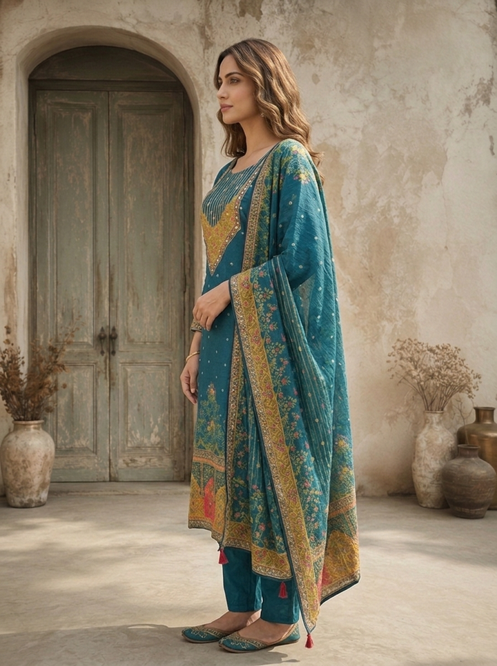 Peacock Chinon Ethnic Printed Three Piece Set