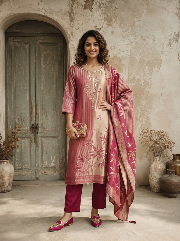 Magenta Tissue Floral Weaved Three Piece Set