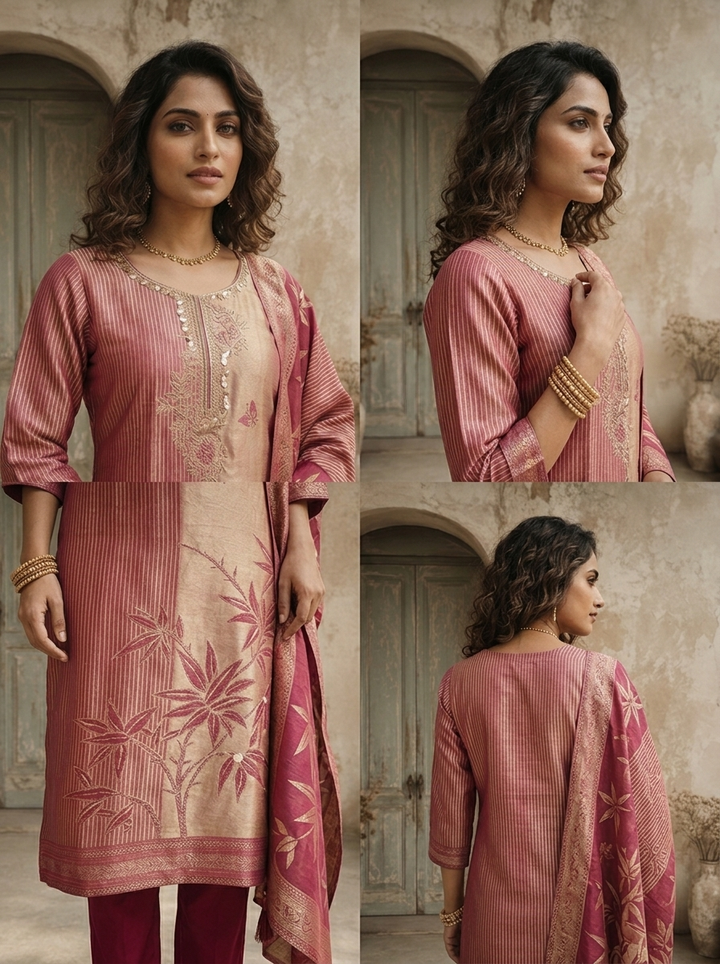 Magenta Tissue Floral Weaved Three Piece Set