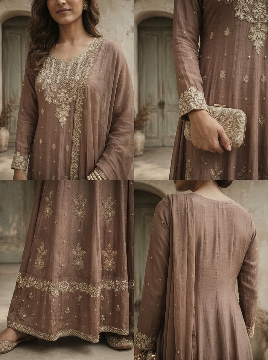 Brown Chinon Floral Buti Embroidered Anarkali With Dupatta