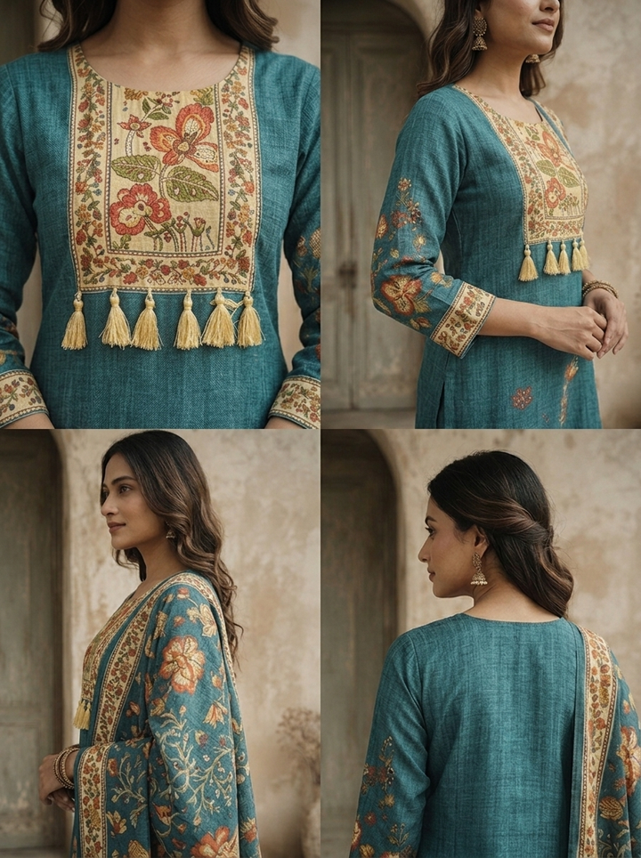 Peacock Silk Floral Printed Three Piece Set