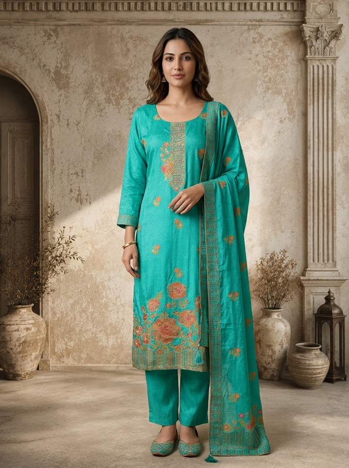 Rama Crepe Floral Buti Weaved Three Piece Set