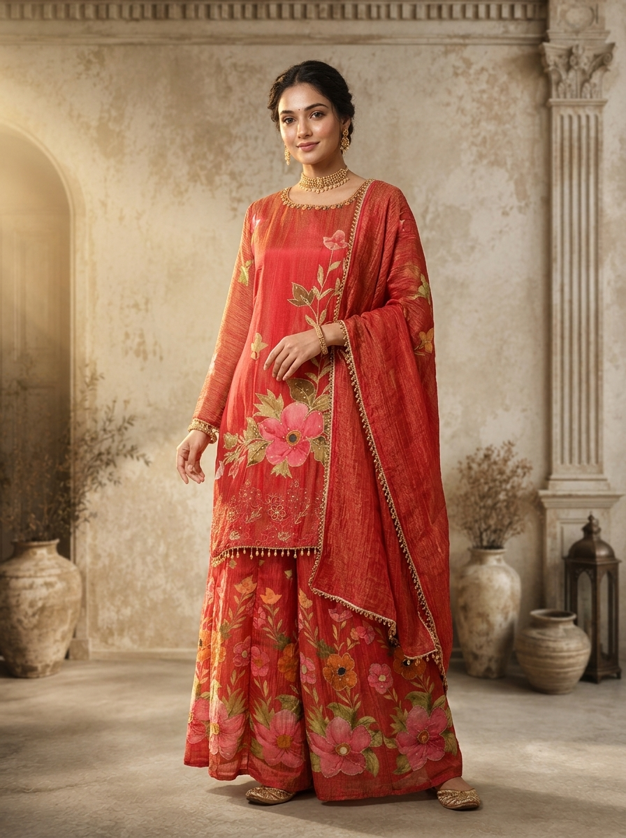 Maroon Tissue Floral Printed Three Piece Set