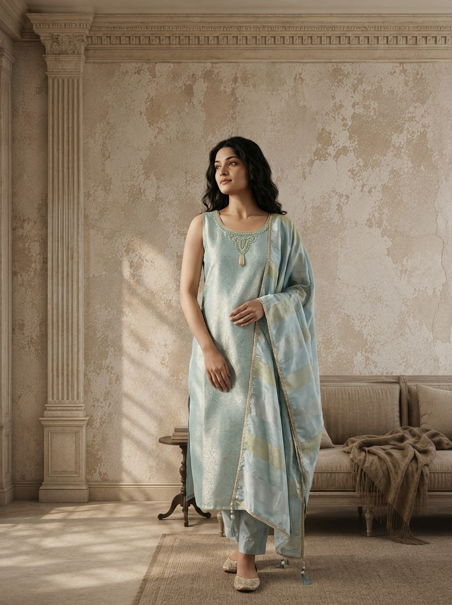 Ice Blue Banaras Floral Jaal Weaved Three Piece Set