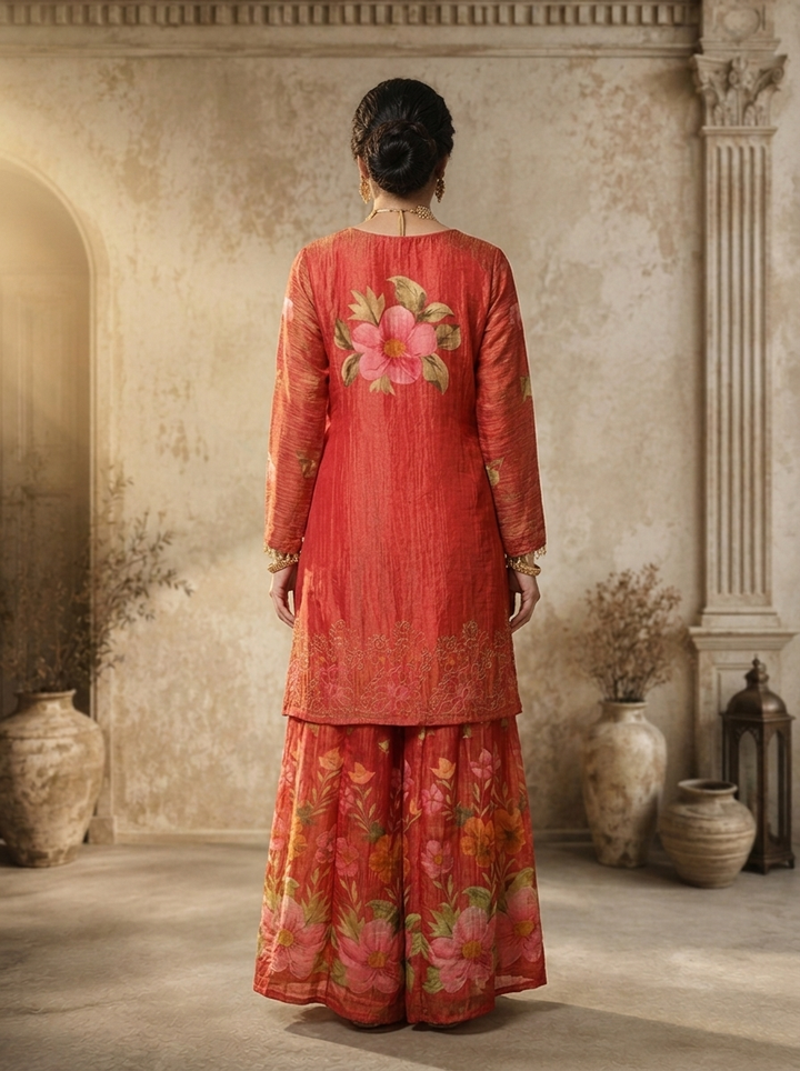 Maroon Tissue Floral Printed Three Piece Set