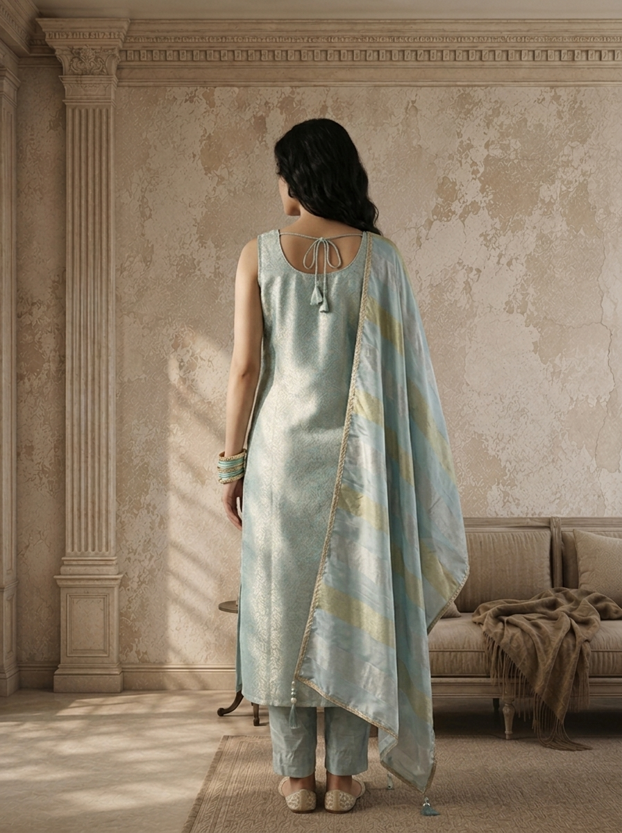 Ice Blue Banaras Floral Jaal Weaved Three Piece Set