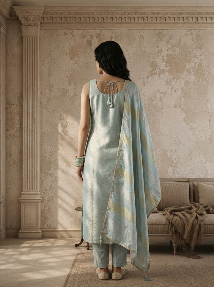 Ice Blue Banaras Floral Jaal Weaved Three Piece Set