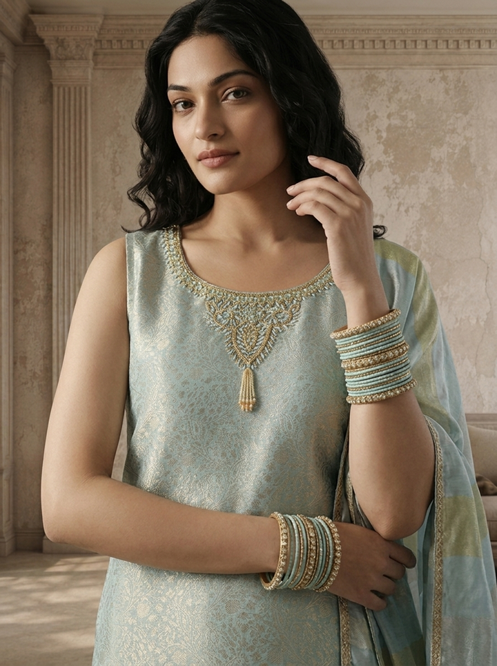 Ice Blue Banaras Floral Jaal Weaved Three Piece Set