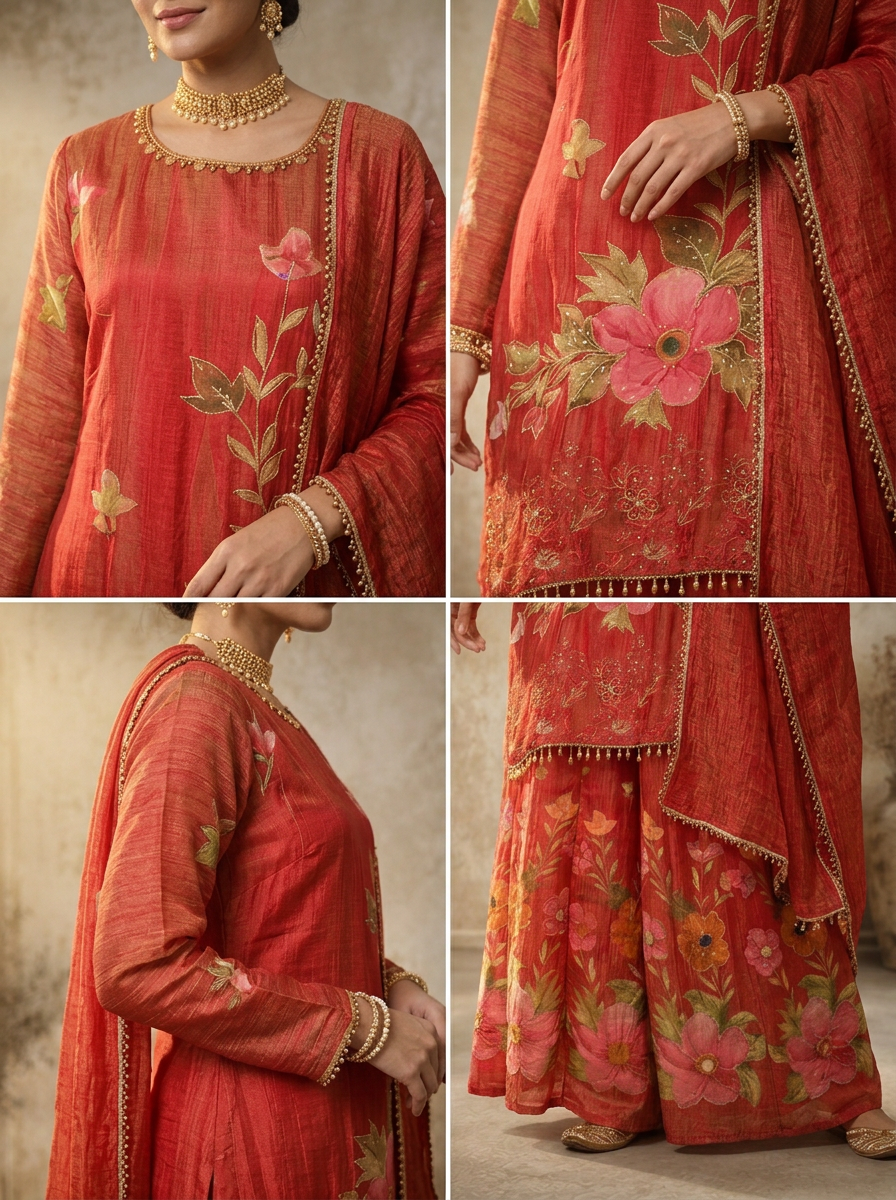 Maroon Tissue Floral Printed Three Piece Set