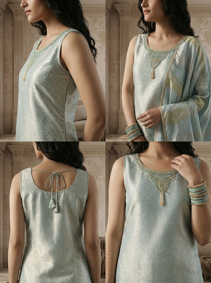 Ice Blue Banaras Floral Jaal Weaved Three Piece Set