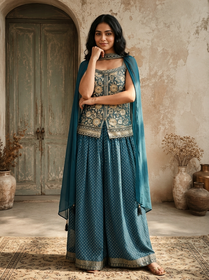 Peacock Tissue Floral Zari Embroidered Three Piece Set